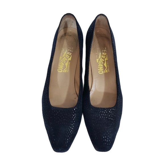 Salvatore Ferragamo Navy Blue Suede Block Heels - Picture 6 of 9